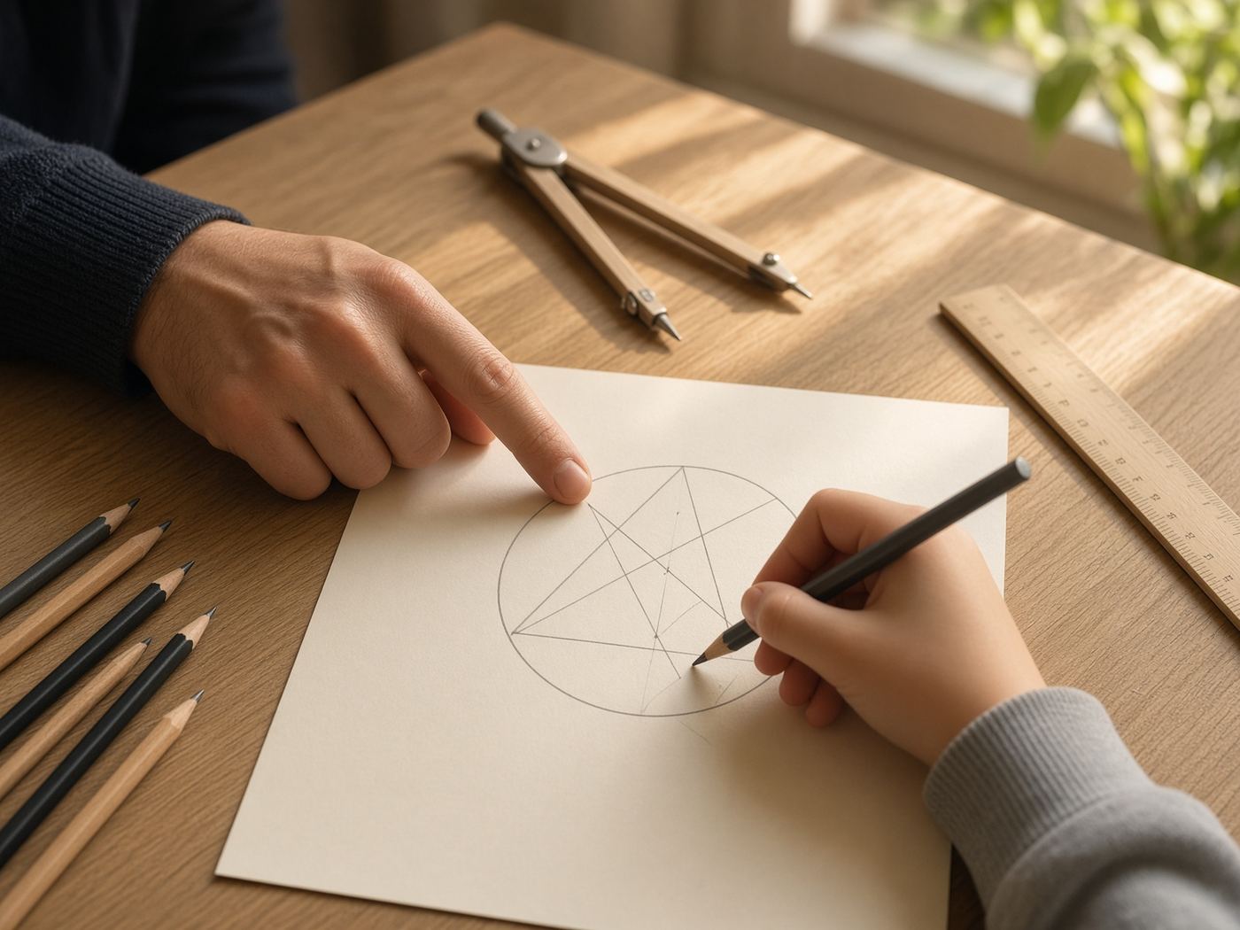 Cahier de mathématiques ouvert sur un bureau, avec des figures géométriques et un crayon, dans une lumière douce.